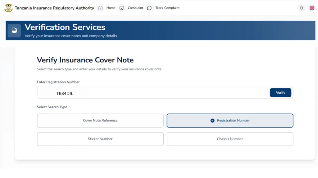 Verify insurance cover note by registration number